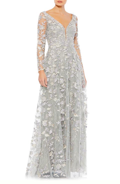 Floral Applique Long Sleeve Illusion Gown