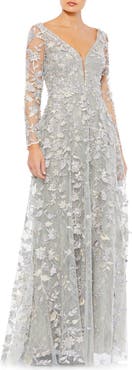 Mac Duggal Floral Applique Long Sleeve Illusion Gown