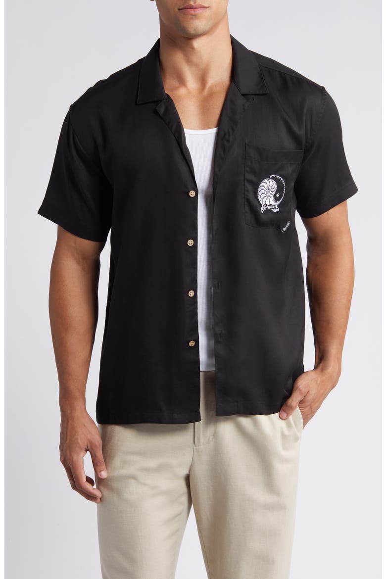 Yin & Yan Short Sleeve Button-Up Camp Shirt, Main, color, BLACK