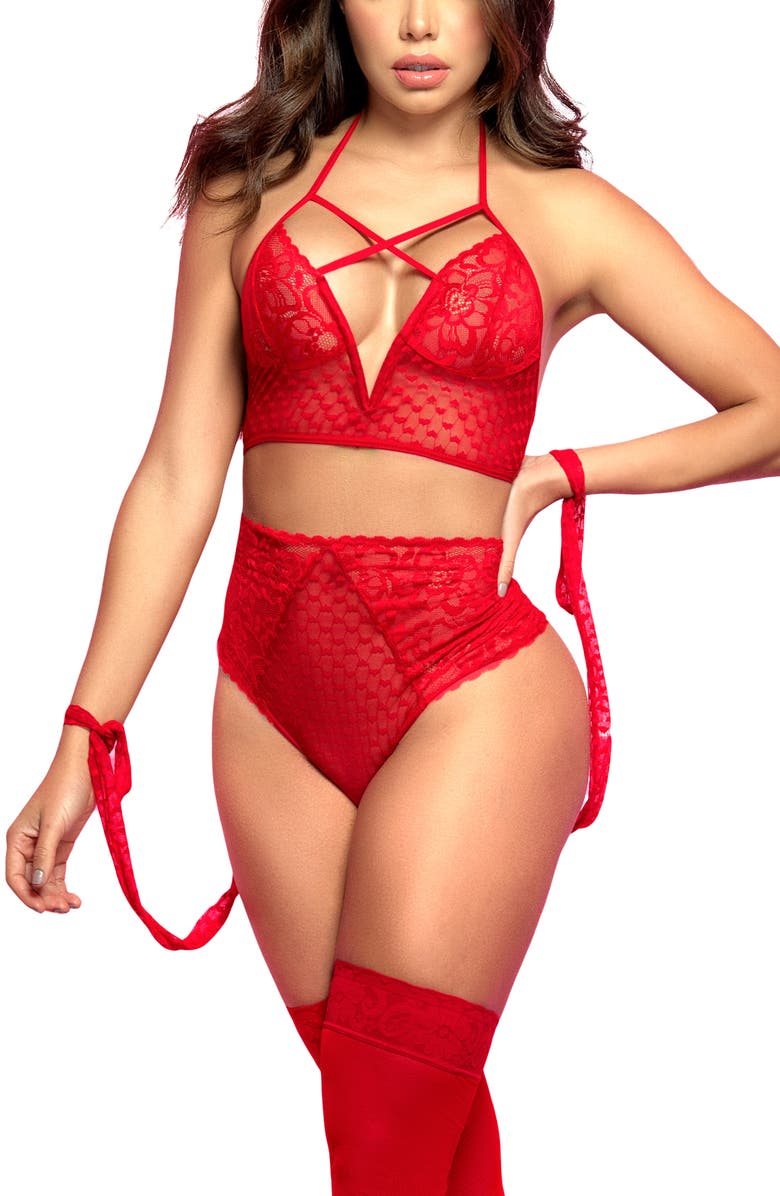 Mapale Strappy Lace Underwire Bra & High Waist Thong Set, Main, color,