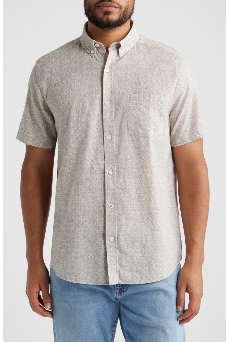 Hampton Geo Print Short Sleeve Stretch Cotton Button-Down Shirt, Main, color, TAN DESERT TILE