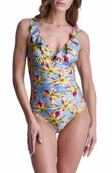 DKNY Ruffle V-Neck One-Piece Swimsuit