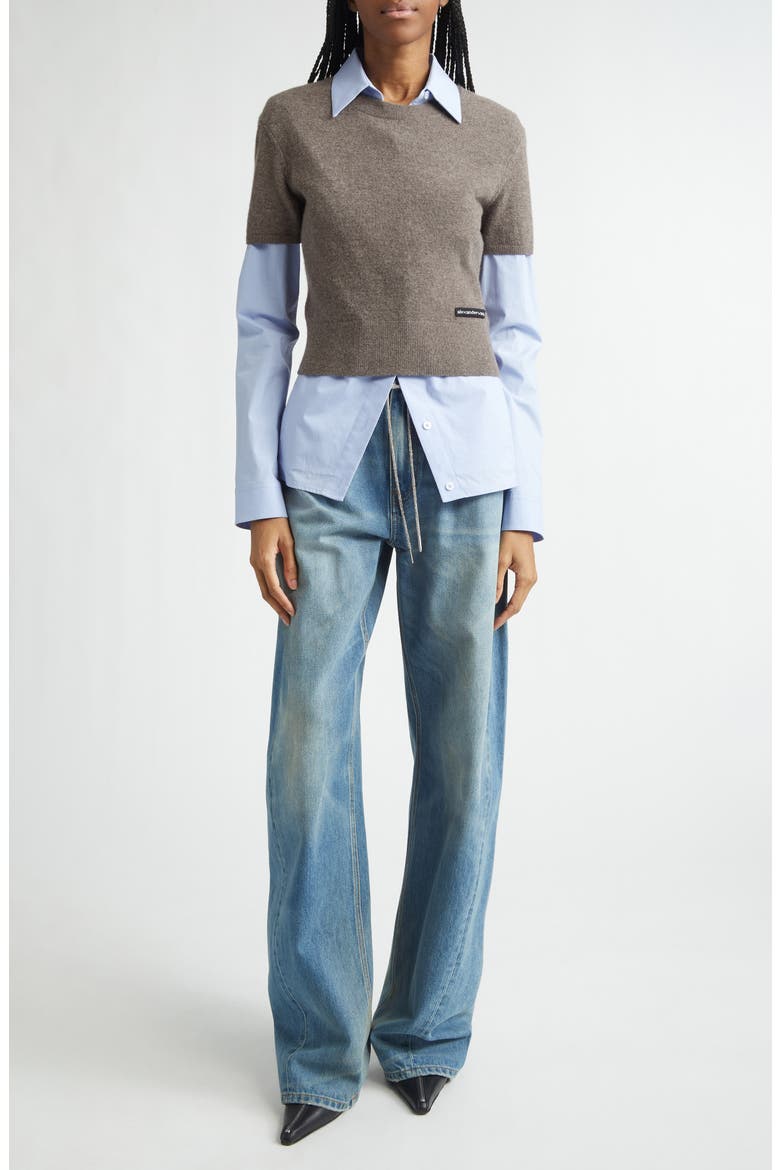 Stretch Cotton Shirt & Short Sleeve Wool Blend Sweater, Alternate, color, BROWN/ BLUE