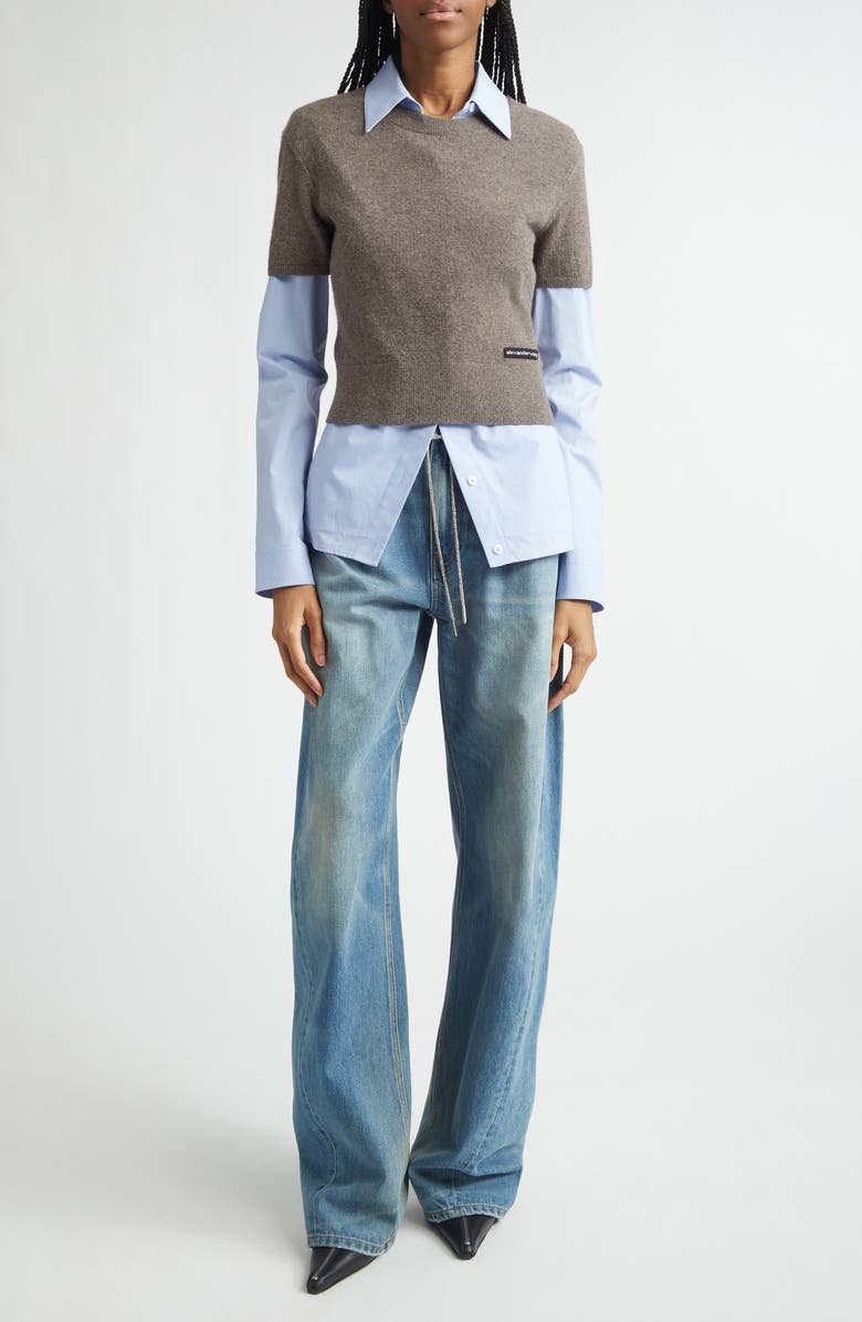 Alexander Wang Stretch Cotton Shirt & Short Sleeve Wool Blend Sweater, Alternate, color, Brown/ Blue