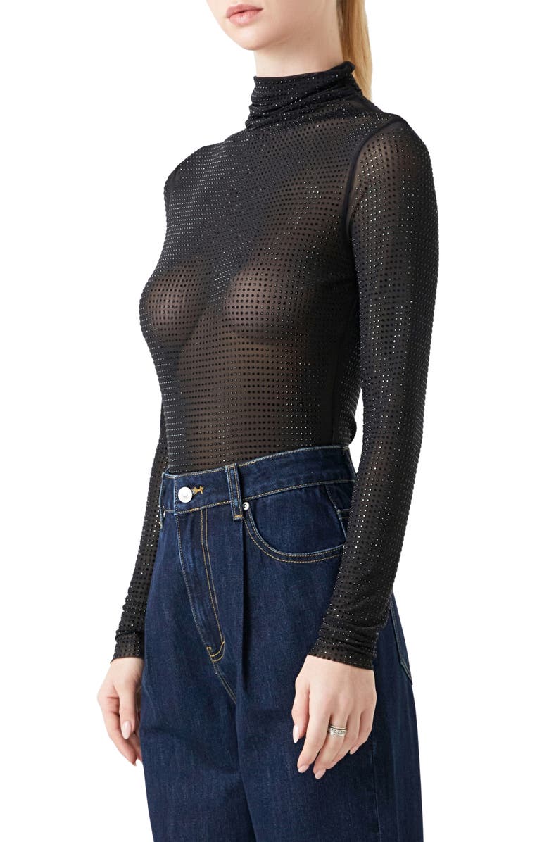 Endless Rose Embellished Mesh Turtleneck Bodysuit, Alternate, color, 