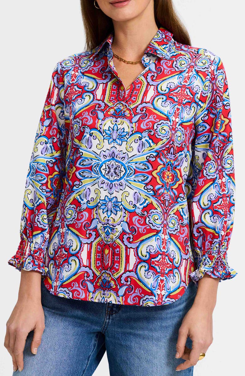 Foxcroft Olivia Smocked Cuff Cotton Shirt, Main, color, Red/ Multi