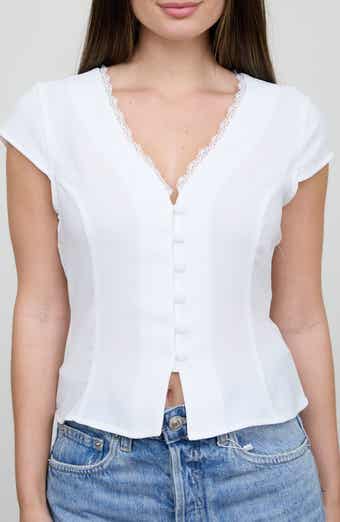 Blu Pepper Lace Trim Cap Sleeve Button-Up Top