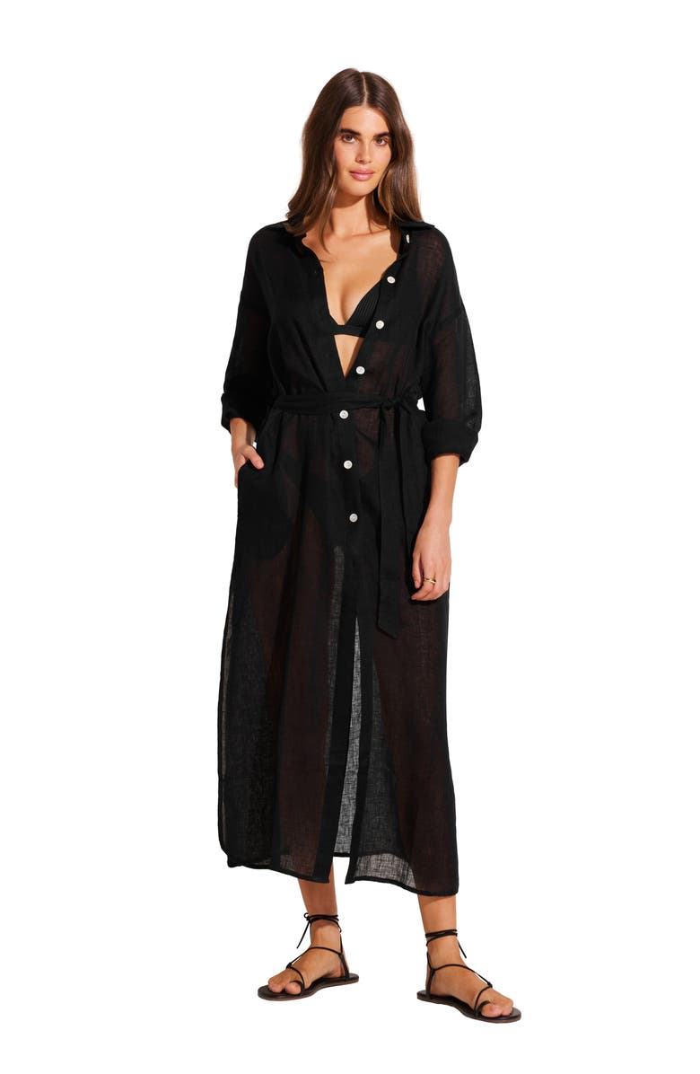 Vitamin A<sup>®</sup> Playa Long Seeve Linen Cover-Up Maxi Shirtdress, Alternate, color, 