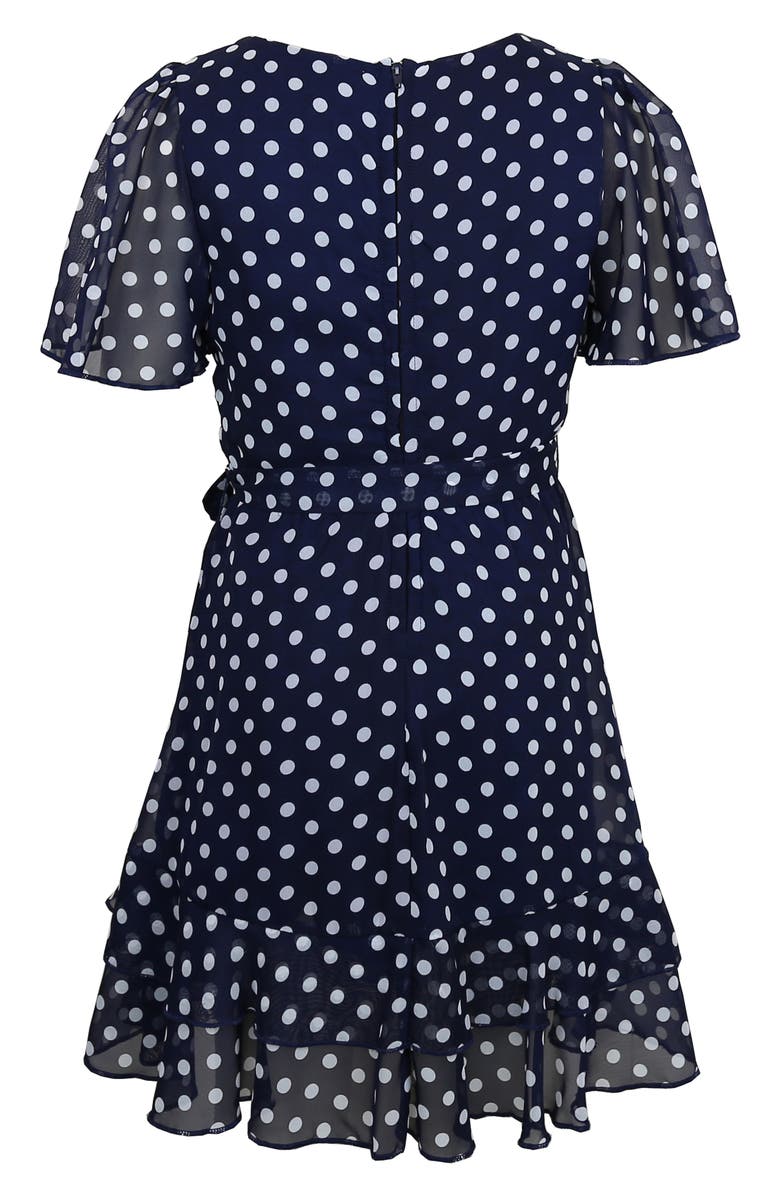 Zunie Kids' Chiffon Faux Wrap Dress, Alternate, color, Navy/ White/ Dot
