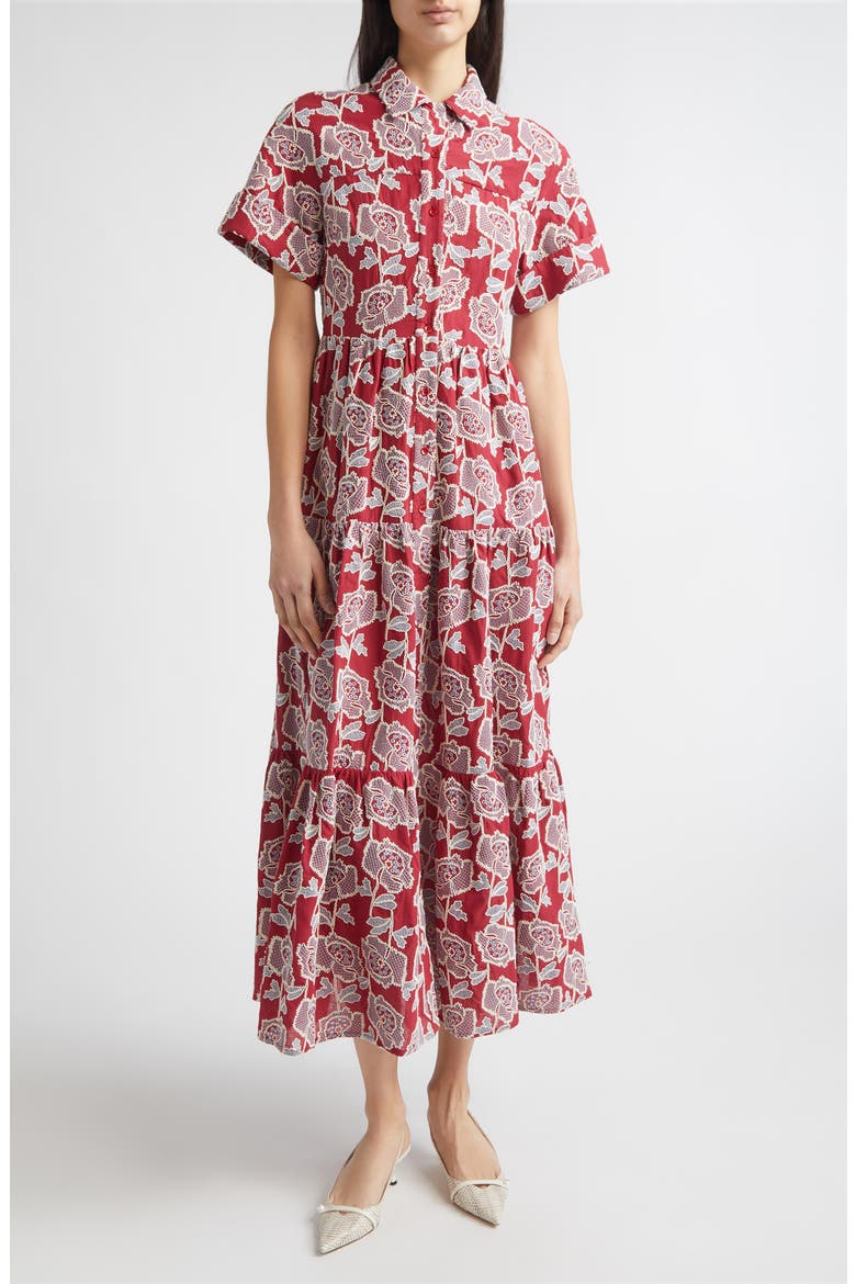 Floral Embroidered Tiered Cotton Blend Midi Shirtdress, Main, color, CHERRY