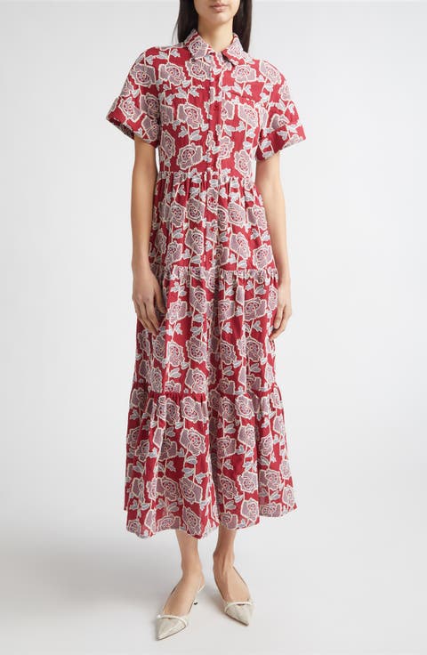Floral Embroidered Tiered Cotton Blend Midi Shirtdress