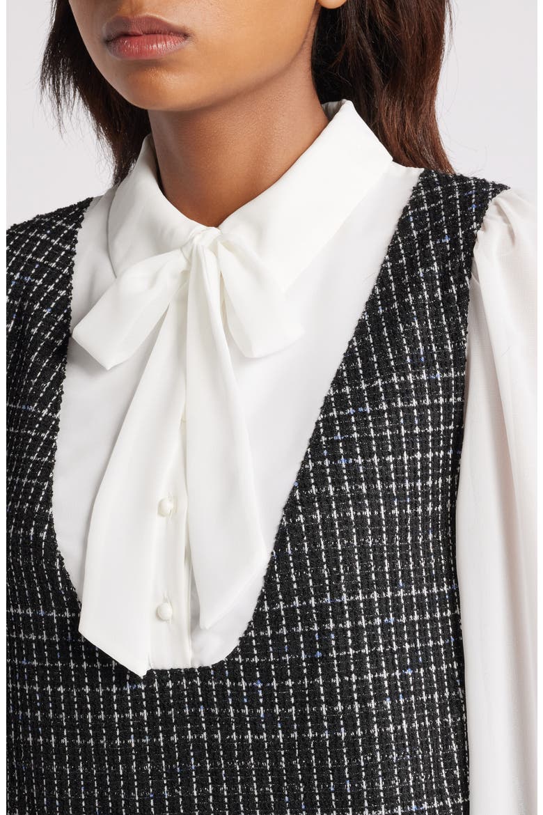 Mixed Media Long Sleeve Shift Dress, Alternate, color, BLACK WHITE