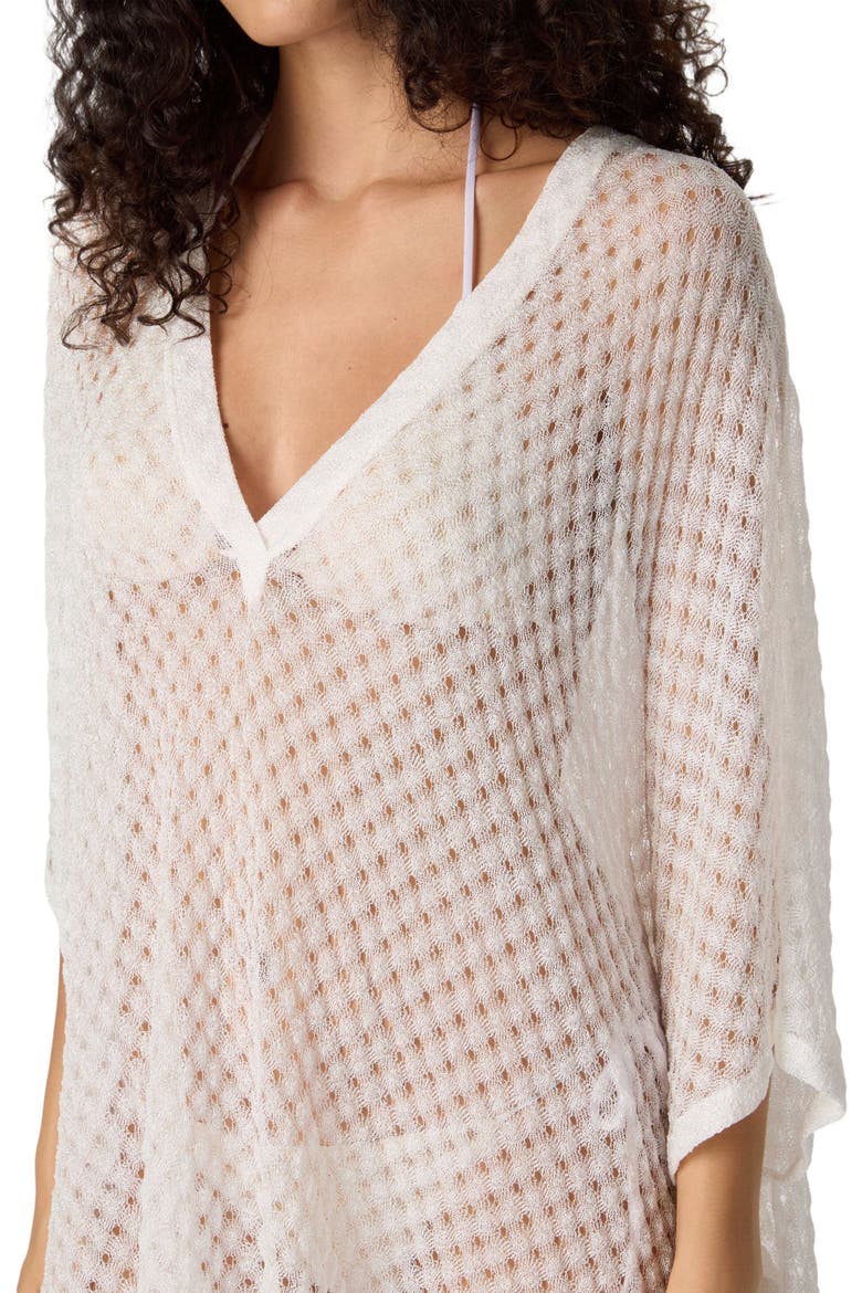 Short Caftan Cover-up In Lamé Viscose With Raschel Workmanship, Alternate, color, White