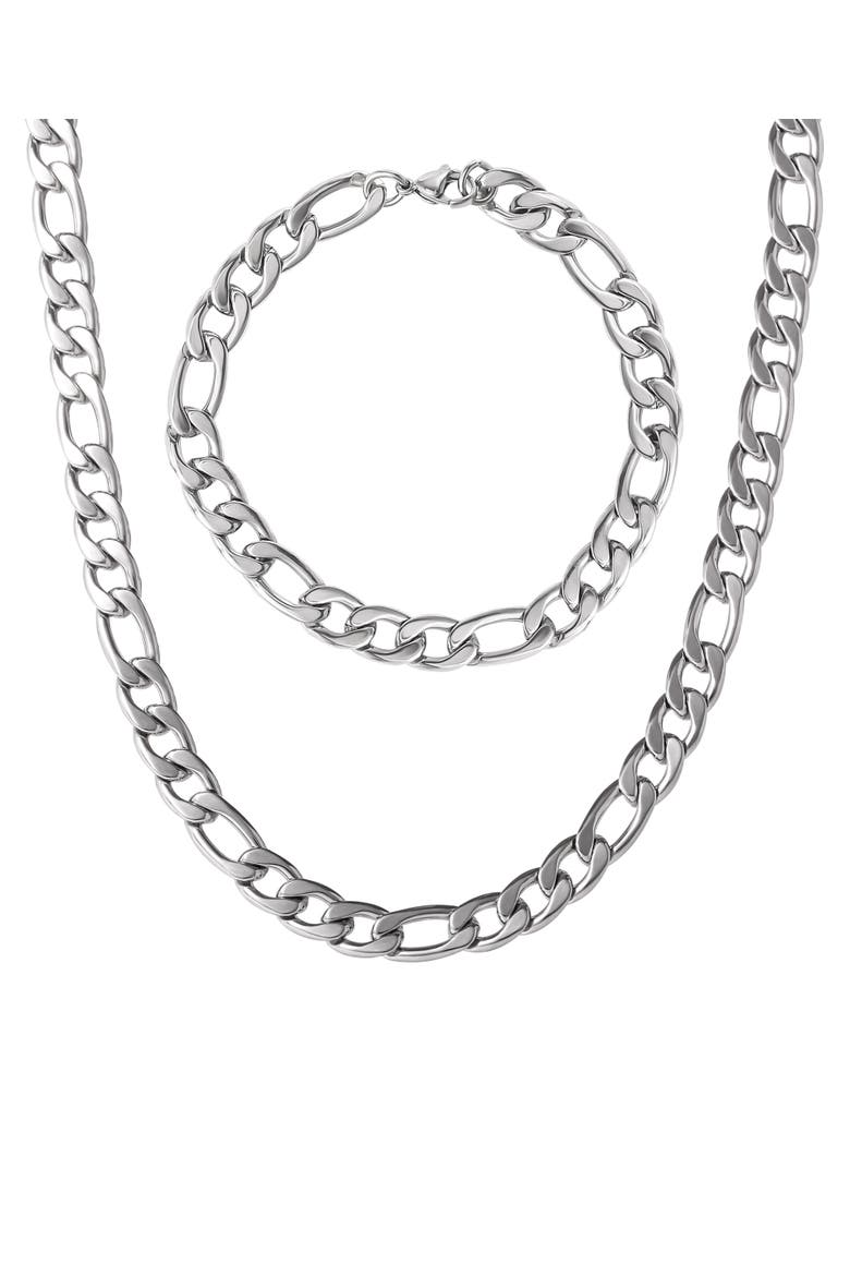 Stainless Steel Figaro Chain & Bracelet Set, Main, color, 48