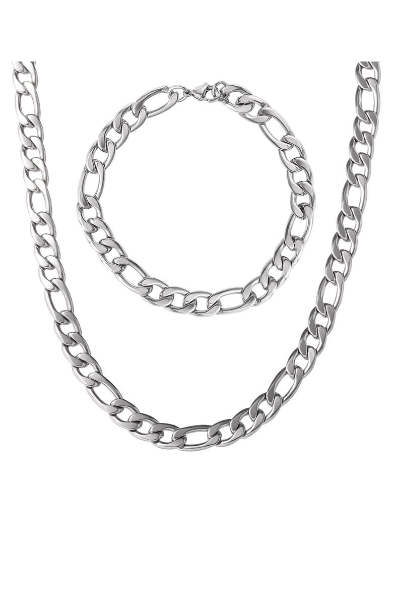 Lucky Brand Stainless Steel Figaro Chain & Bracelet Set, Main, color, 48