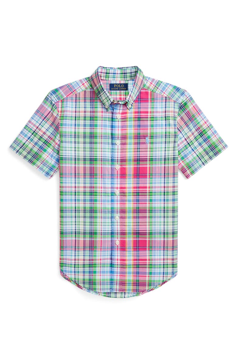 Polo Ralph Lauren Kids' Plaid Short Sleeve Cotton Poplin Button-Down Shirt, Main, color,