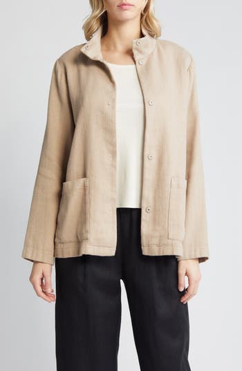 Eileen Fisher Stand-collar Snap-front Jacket In Wheat