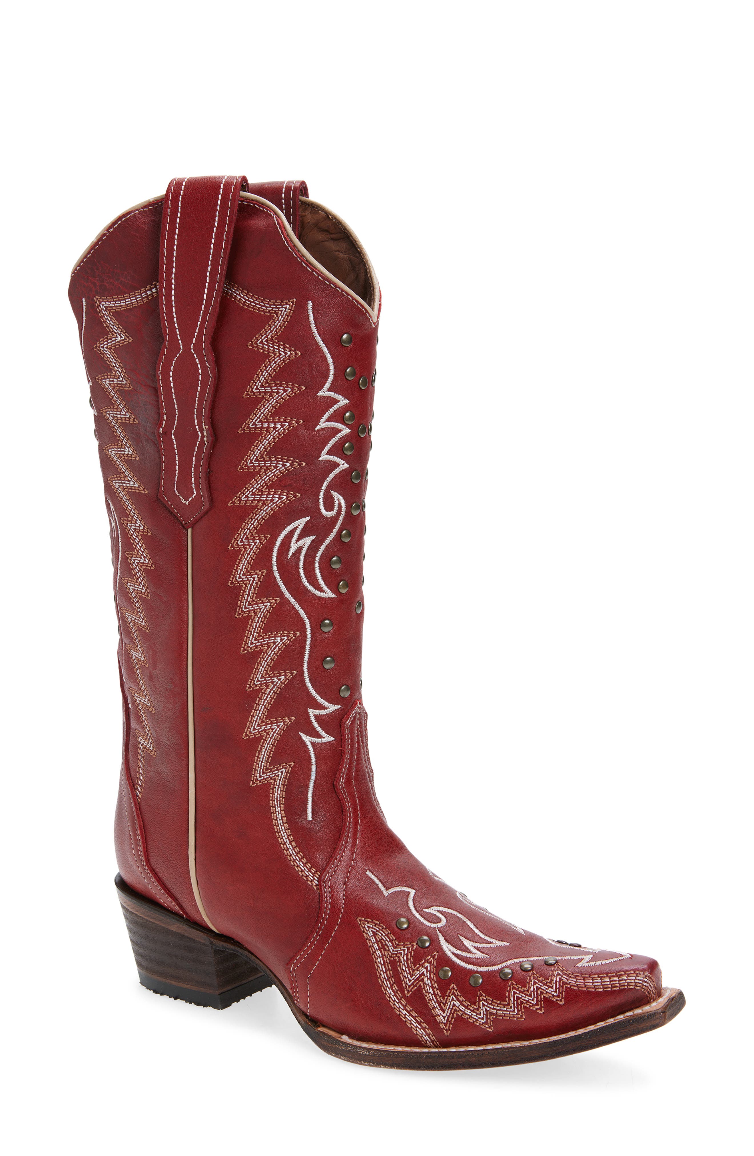 CIRCLE G Embroidered Stud Mid Calf Western Boot, Main, color, Red