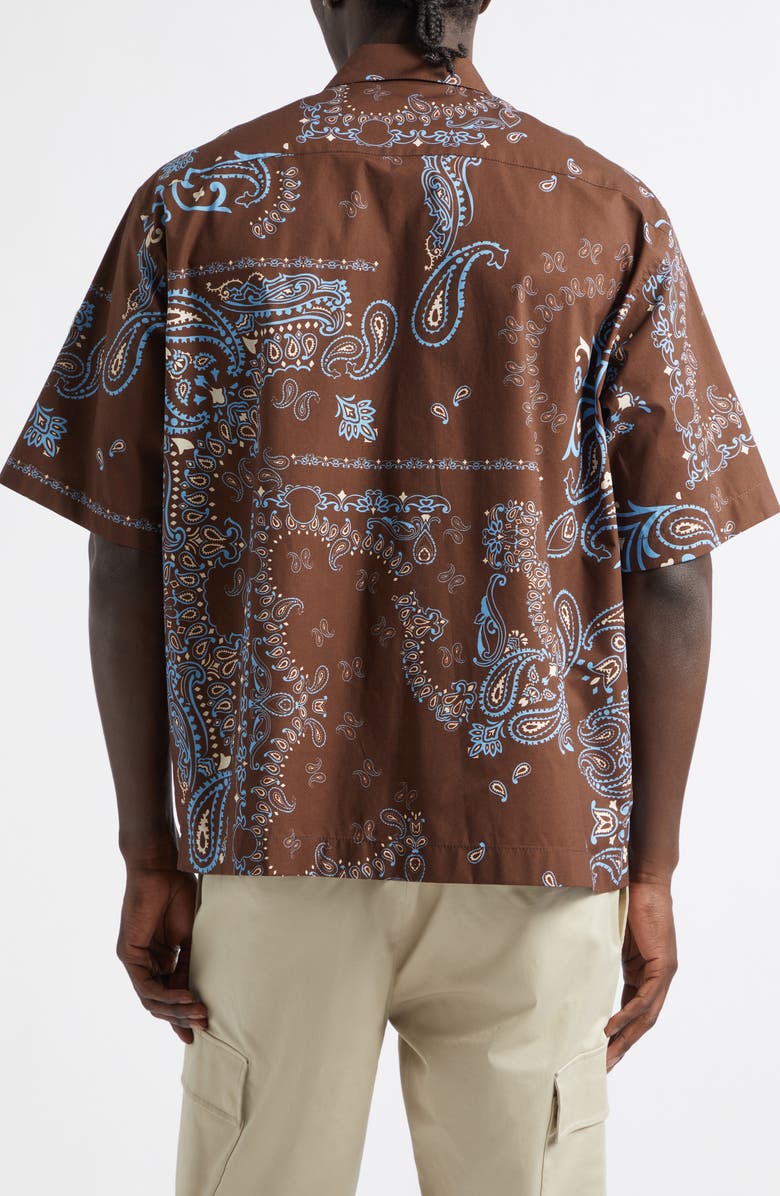 Moncler Bandana Print Short Sleeve Cotton Button-Up Shirt, Alternate, color, Parsley Brown/ Blue