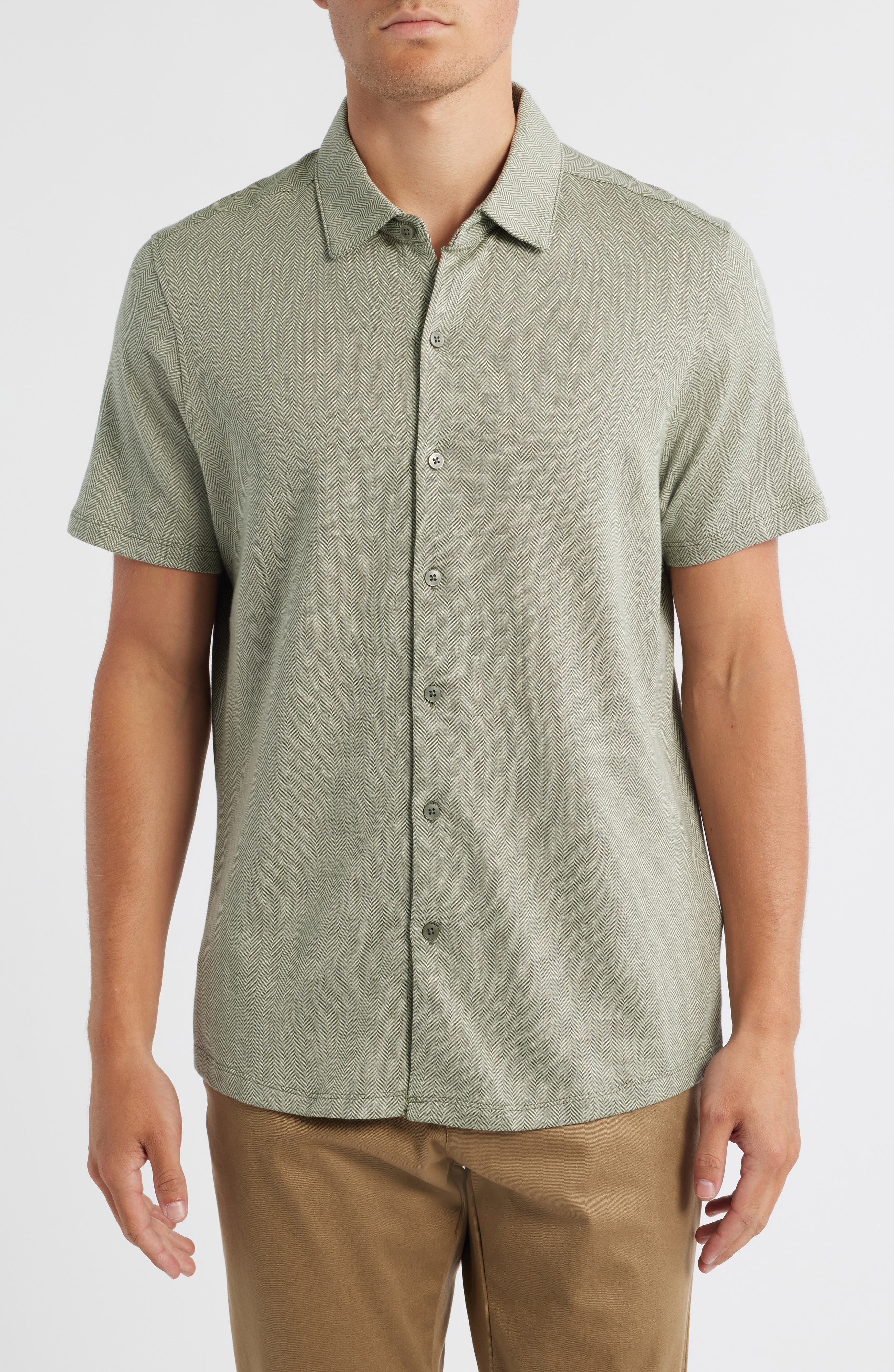 Robert Barakett Nino Herringbone Short Sleeve Cotton Knit Button-Up Shirt