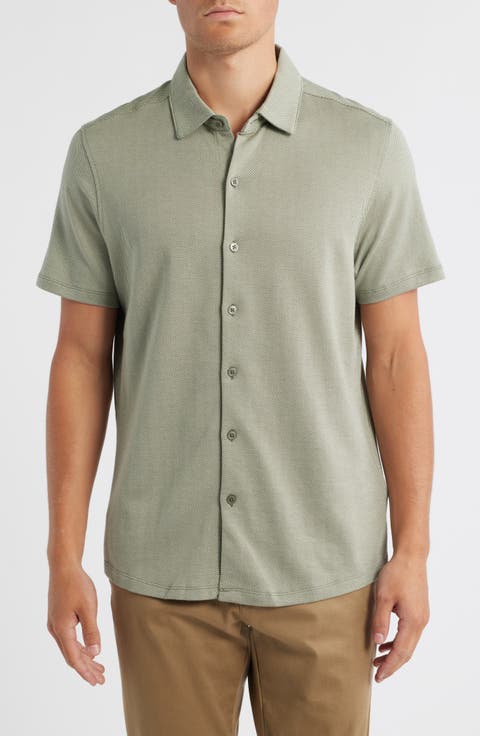 Nino Herringbone Short Sleeve Cotton Knit Button-Up Shirt