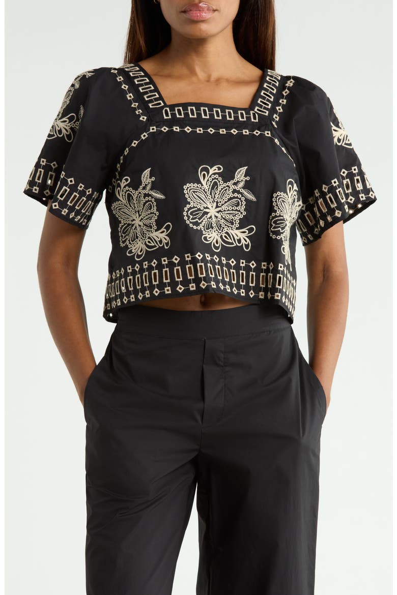 Embroidered Square Neck Blouse, Main, color, BLACK/ IVORY EMBROIDERY