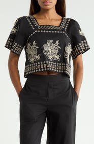 ELIE ELIE TAHARI Embroidered Square Neck Blouse