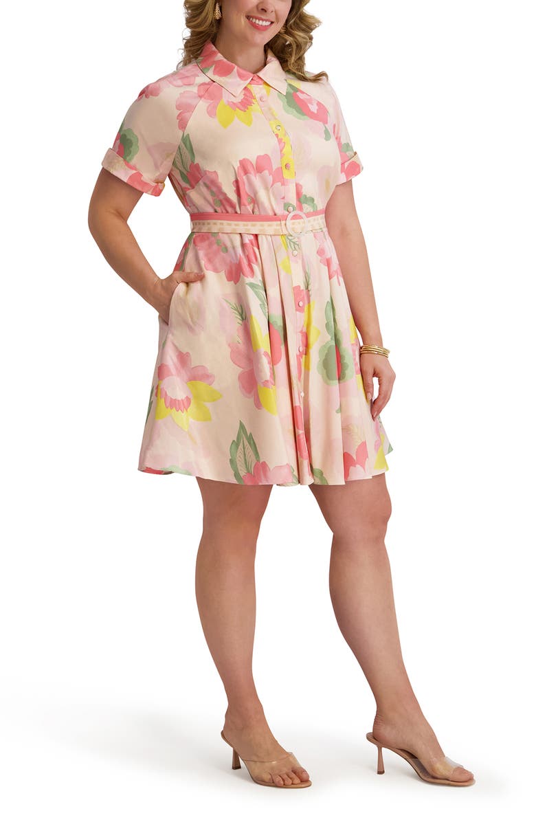 Kensie Floral Short Sleeve Taffeta Fit & Flare Shirtdress, Alternate, color, Blush Multi