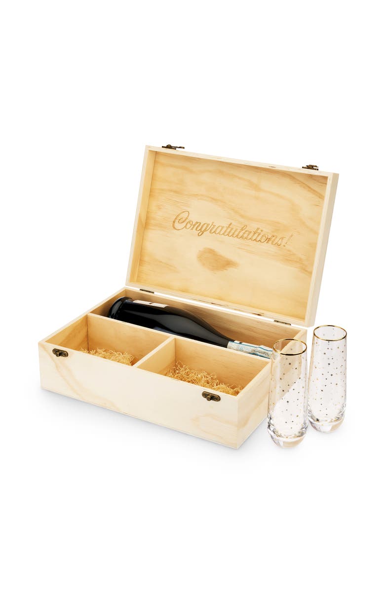 TWINE Celebrate Wood Champagne Box and Flutes Set, Main, color, Brown