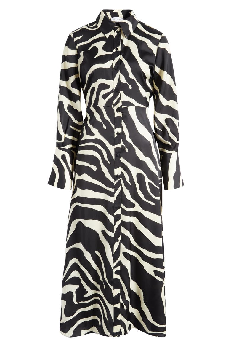 Ruched Side Long Sleeve Midi Shirtdress, Main, color, BLACK/ WHITE