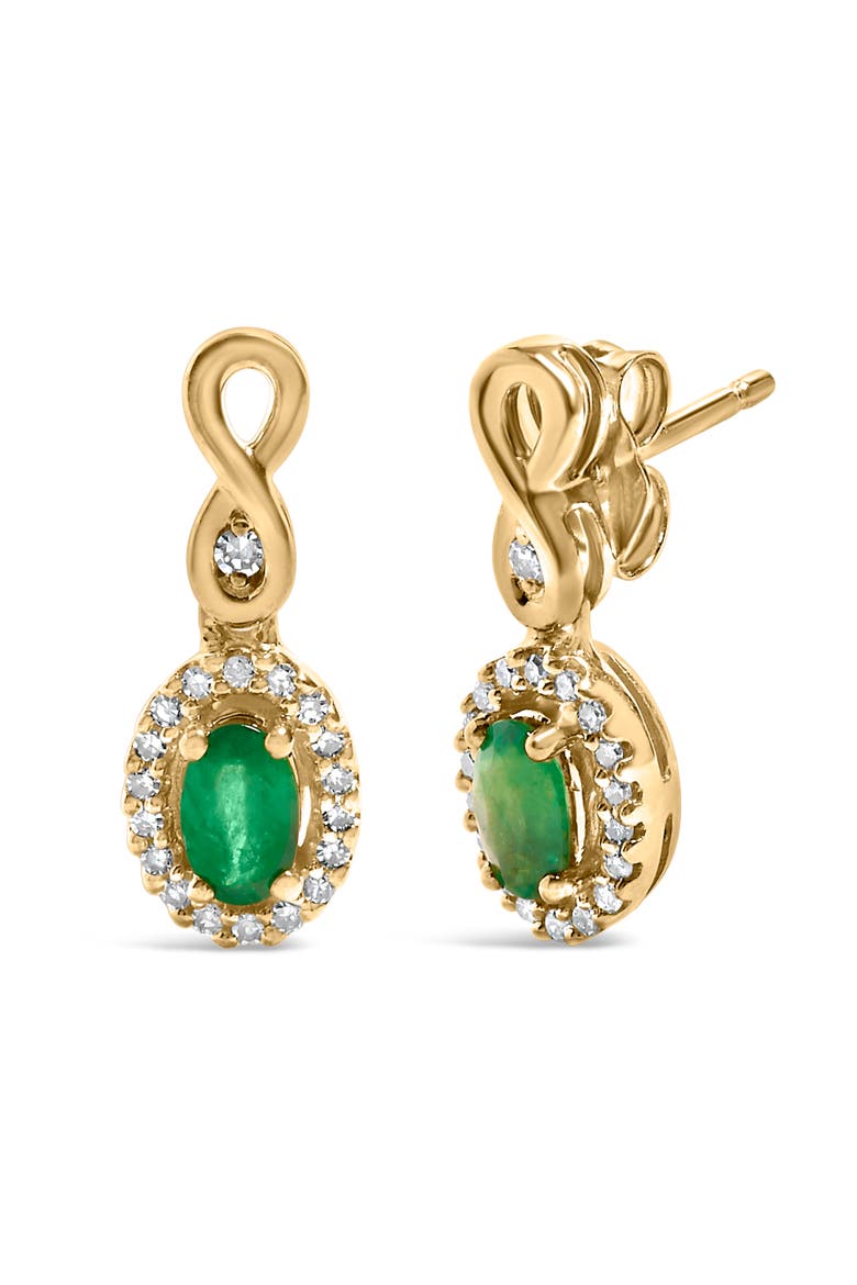 10K Yellow Gold Oval Green Emerald 5x3 mm and 1/7 Ct Diamond Dangle Earrings, Alternate, color, Yellow
