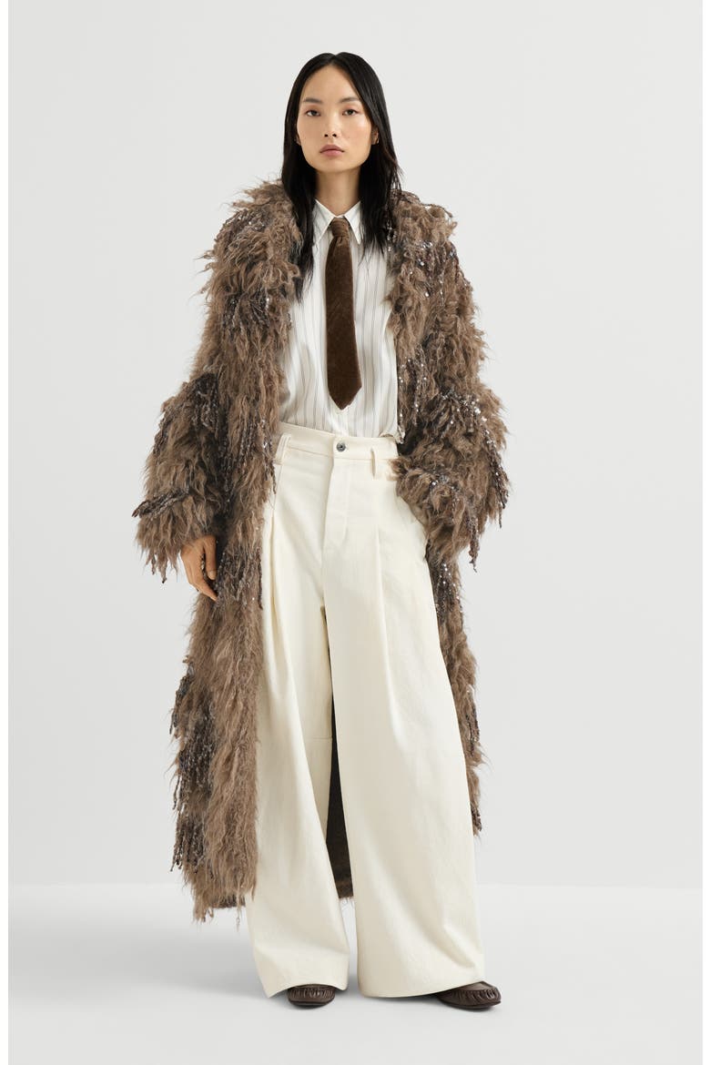 Dazzling moss embroidery long cardigan in mohair and wool, Alternate, color, Light Brown