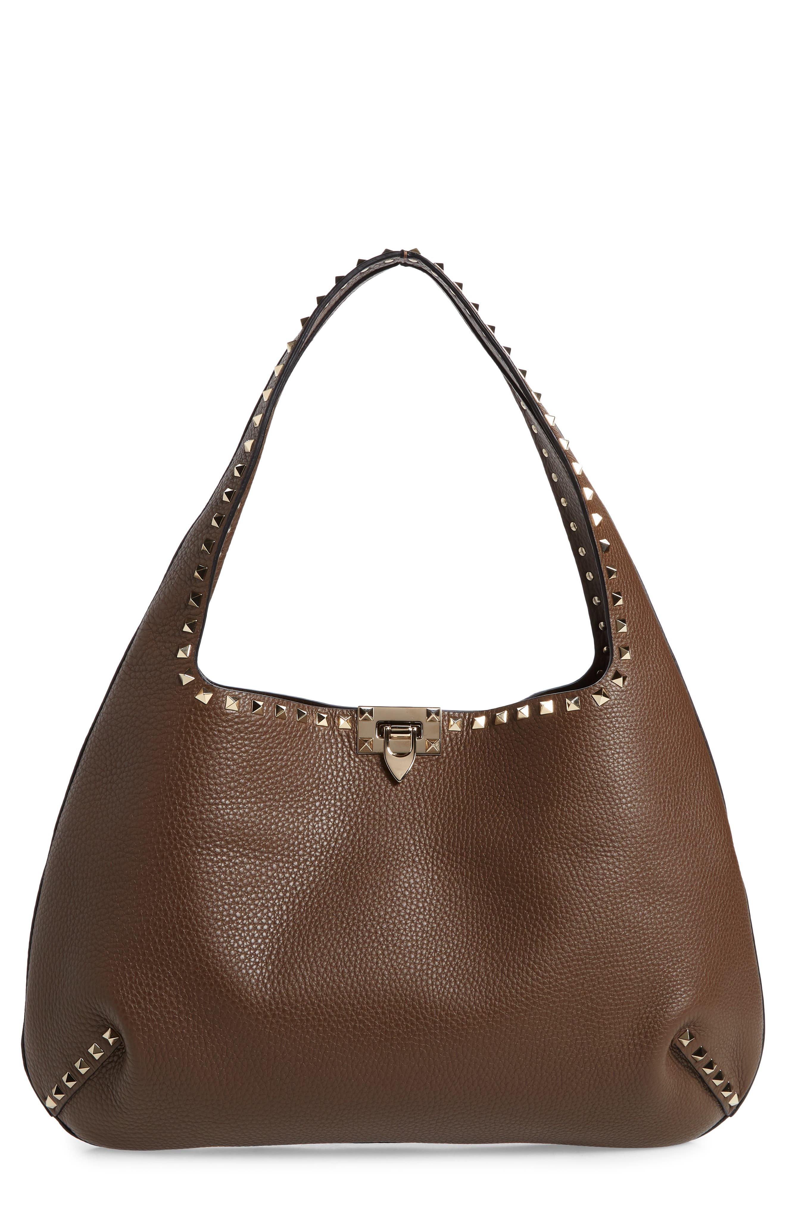 Rockstud Leather Hobo Bag, Main, color, DEEP TAUPE