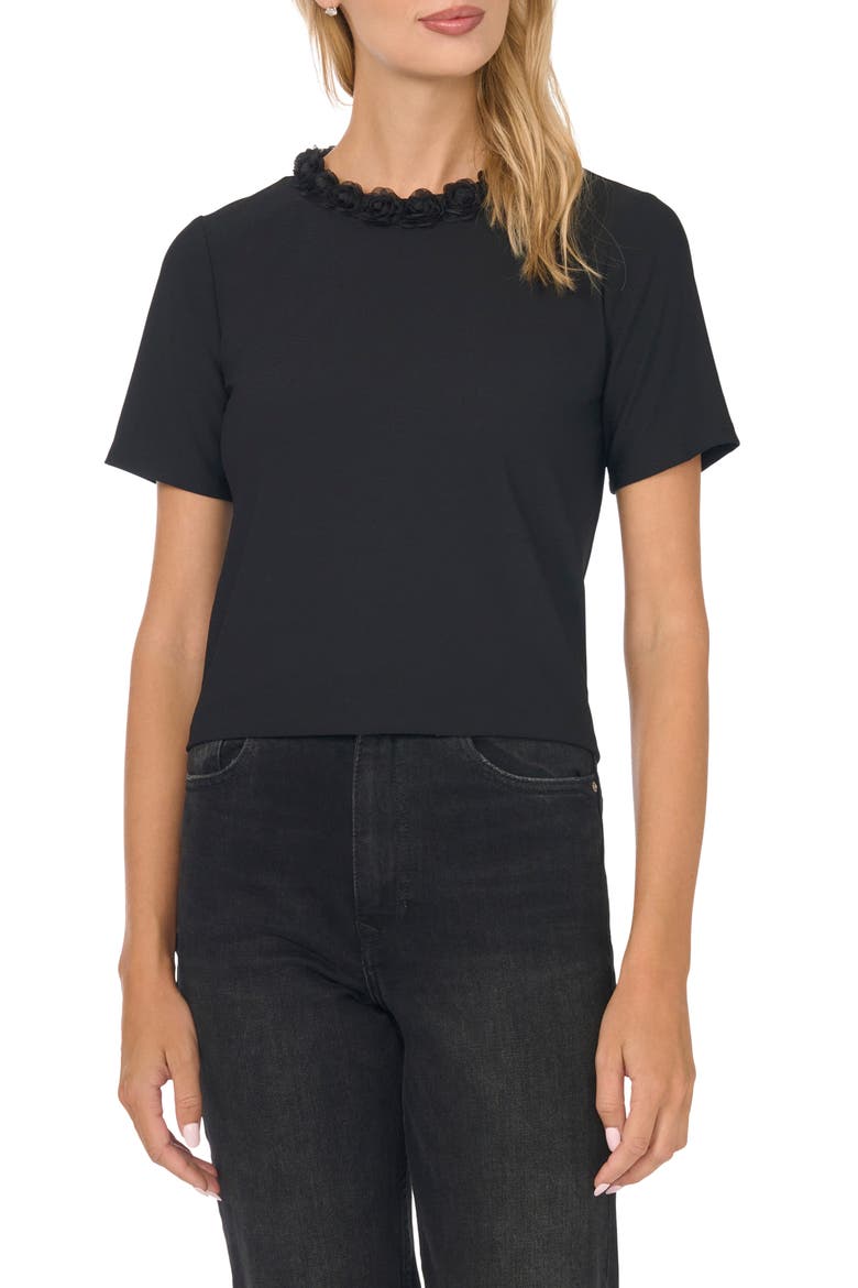 Rosette Trim T-Shirt, Main, color, RICH BLACK