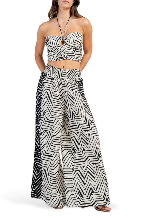 Printed Two-Piece Halter Top and Wide Leg Pants Set