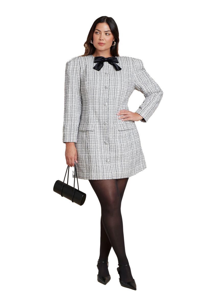 ELOQUII Tweed Mini Dress With Bow, Main, color, Black Onyx