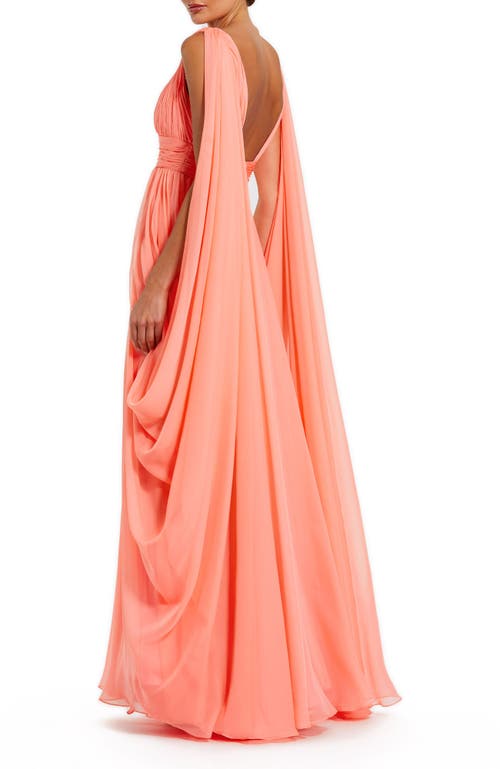 Mac Duggal V Neck Chiffon Gown With Draping Details In Coral