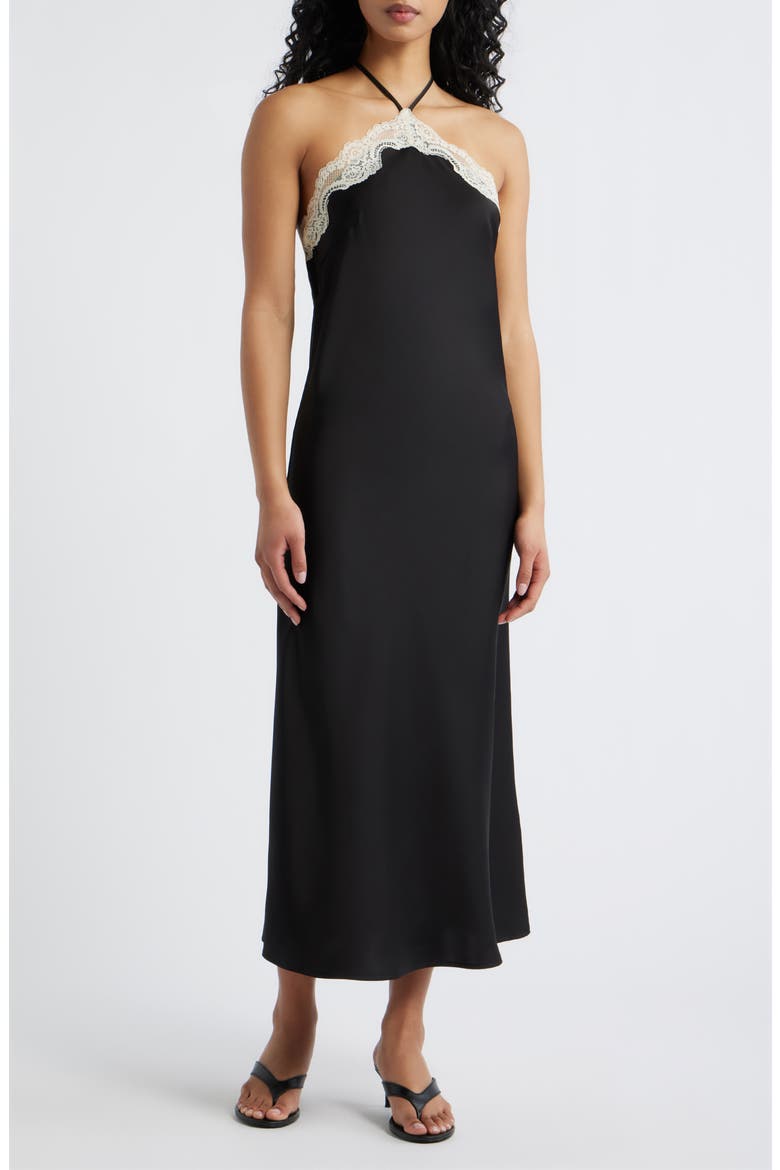 Celia Lace Trim Halter Satin Dress, Main, color, BLACK