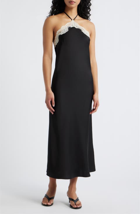 Celia Lace Trim Halter Satin Dress