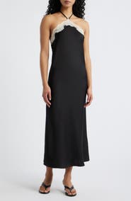 Lucy Paris Celia Lace Trim Halter Satin Dress