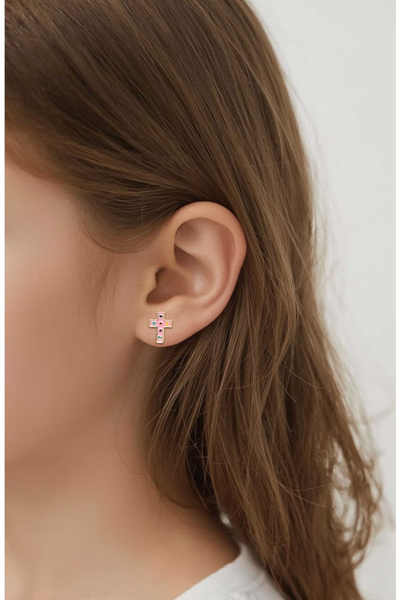 Kids' Cross Enamel Stud Earrings, Alternate, color, PINK