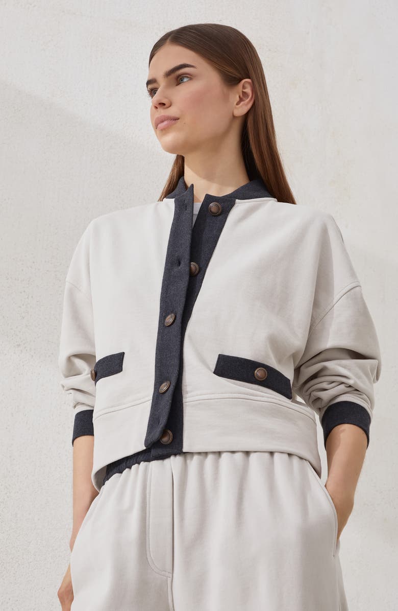 Brunello Cucinelli Smooth French terry cardigan-style top, Alternate, color, Cool Beige