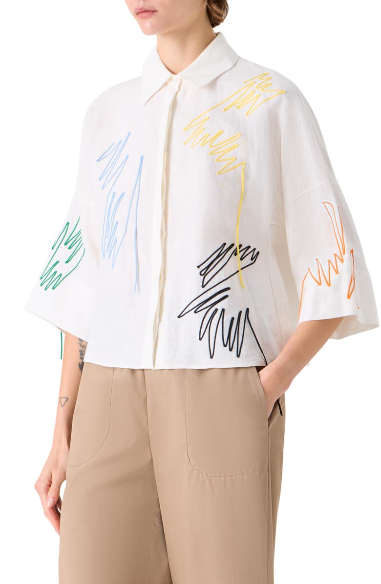 Akris punto Scribble Embroidered Linen Button-Up Shirt, Alternate, color, Cream-Multi