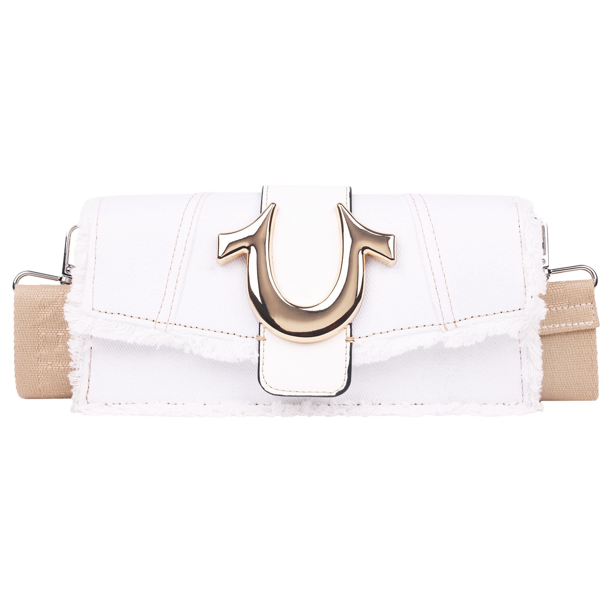 True Religion Frayed Denim Flap Bag with Logo Strap, Main, color, White