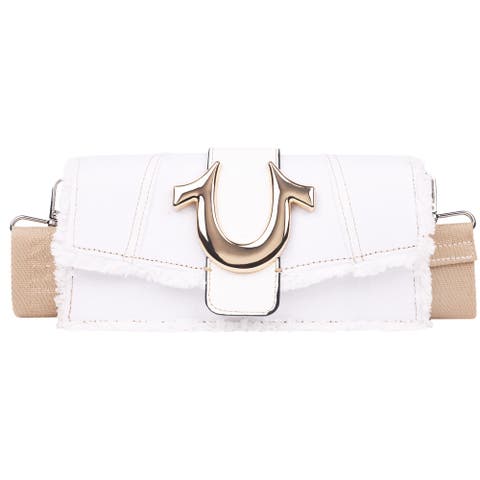 Frayed Denim Flap Bag with Logo Strap