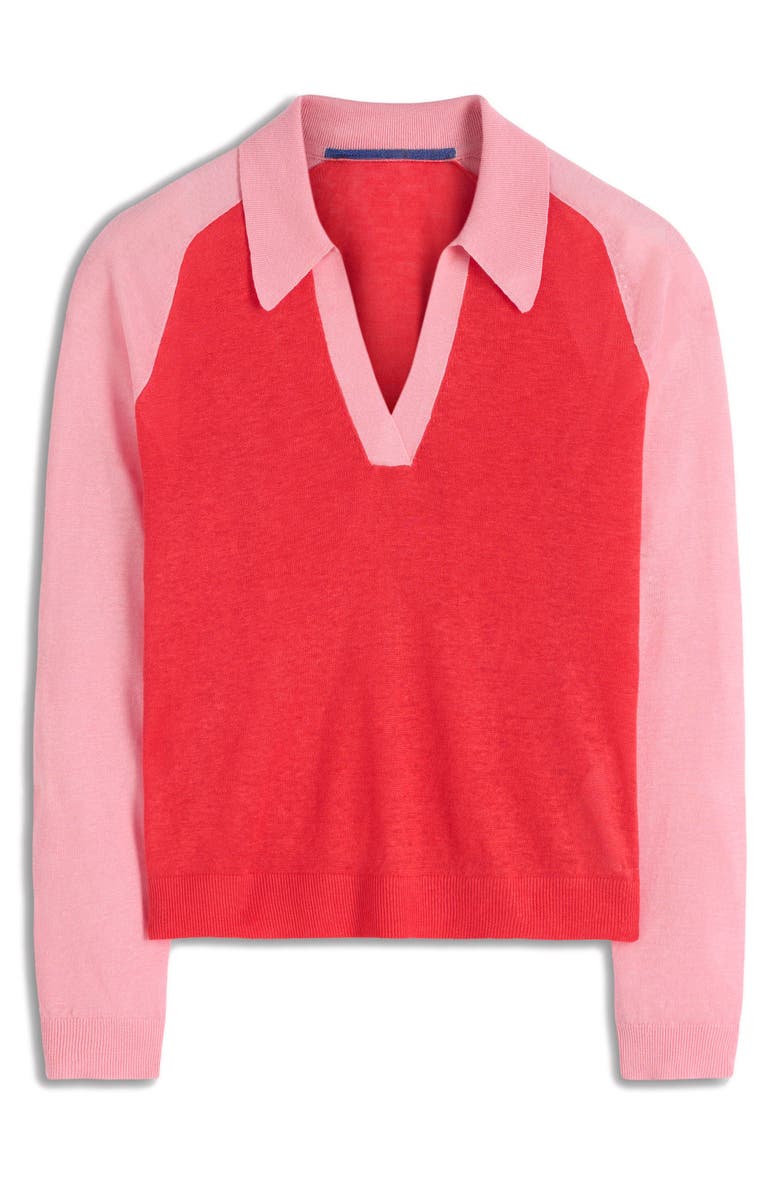 Boden Agnes Colorblock Johnny Collar Sweater, Alternate, color, Sunkissed Coral/ Orchid Smoke