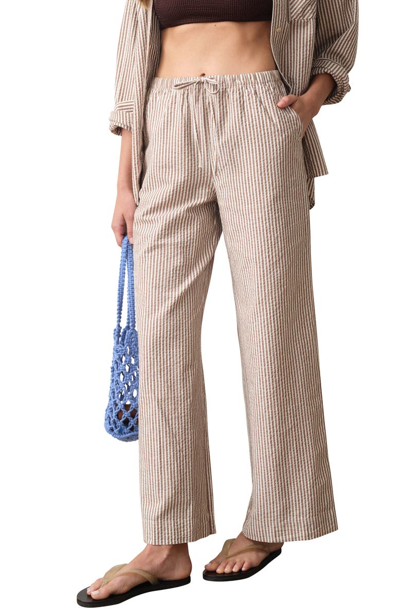 Marine Layer Josie Stripe Seersucker Drawstring Pants, Main, color, Mocha Stripe