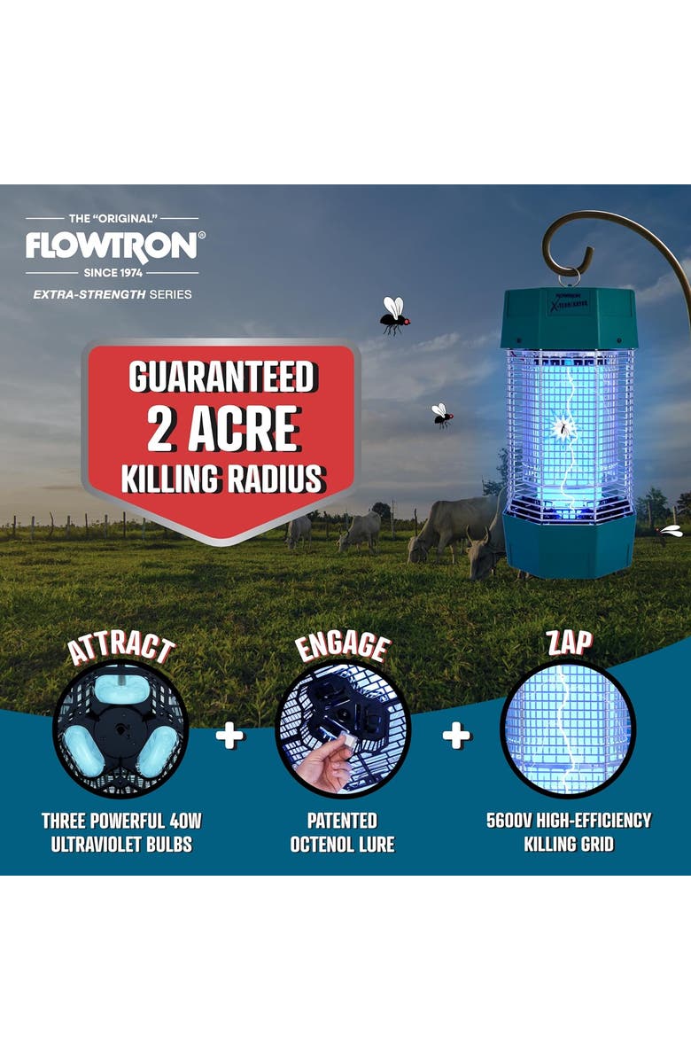 Flowtron 2 Acres Electric Bug Zapper, 120W Outdoor Bug Zapper with Dual Lure Method, UV Light & More, Alternate, color, Green