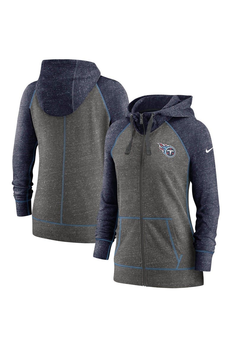 Women's Nike Heathered Charcoal/Navy Tennessee Titans Gym Vintage Raglan Full-Zip Hoodie, Main, color, Heather Charcoal