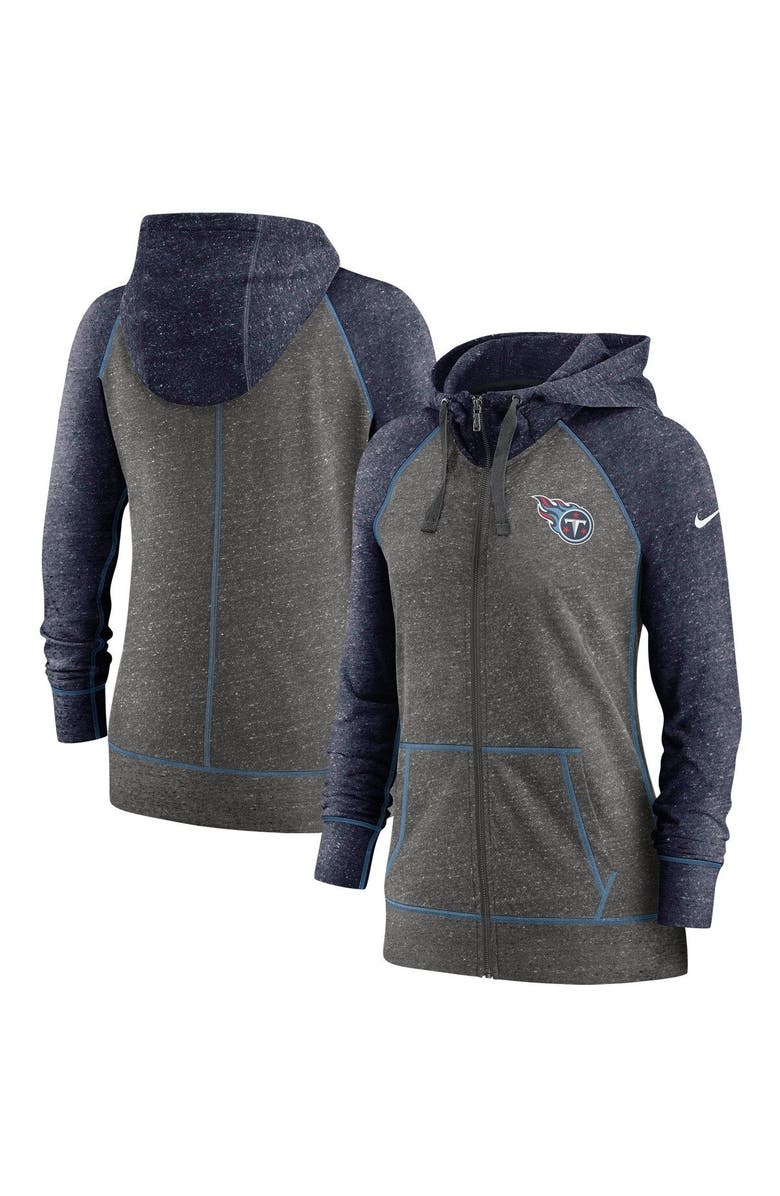 Nike Women's Nike Heathered Charcoal/Navy Tennessee Titans Gym Vintage Raglan Full-Zip Hoodie, Main, color, Heather Charcoal